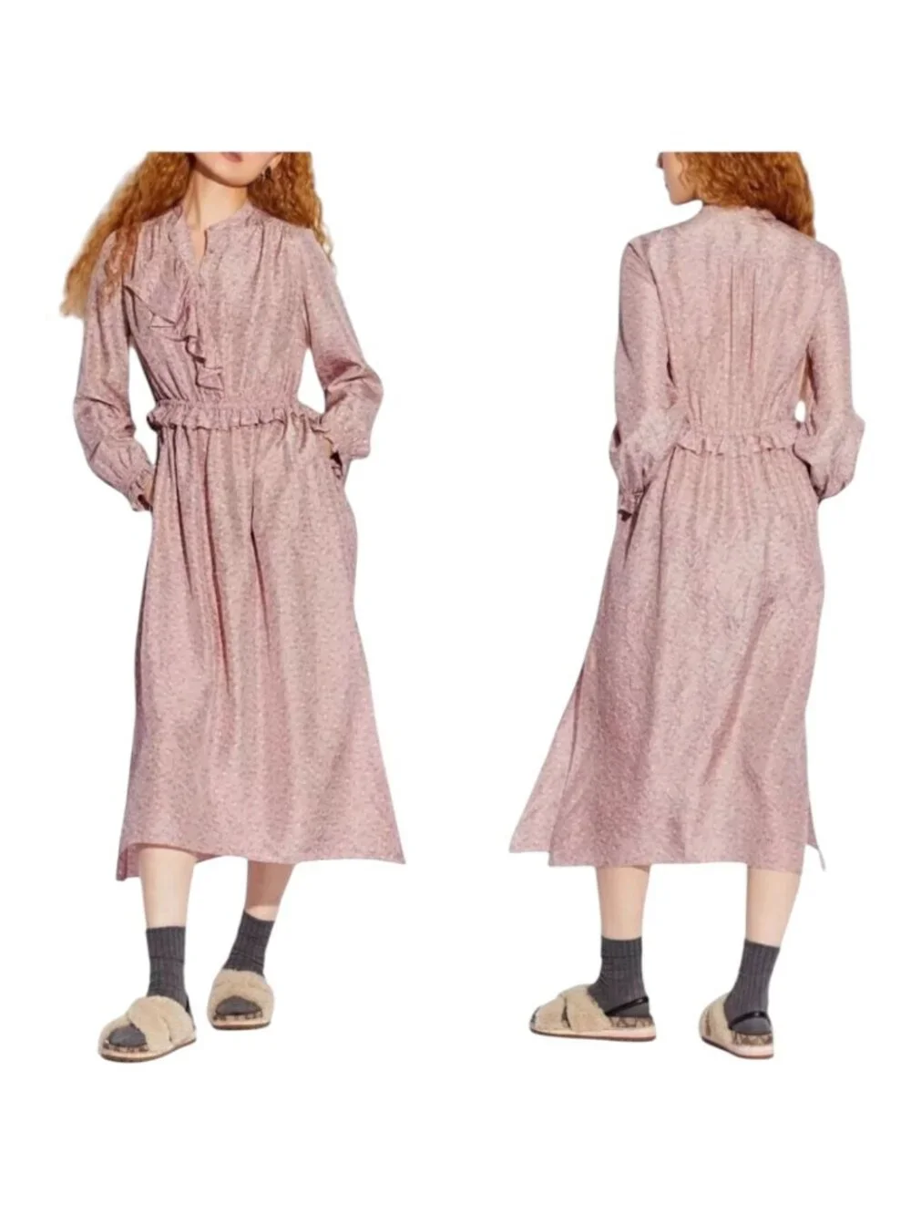 Coach Dress Women 10‎ Pink Silk Floral Ruffle Front Midi Boho Prairiecore Preppy